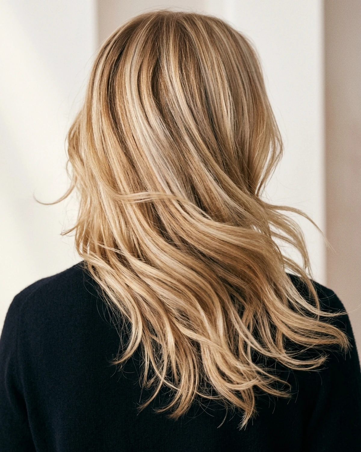 Imagem conceitual de cabelo loiro em movimento e acabamento; não representa um trabalho real do salão.